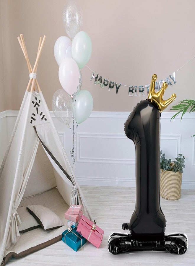 Eoopoon 42 Inch Crown Black Number Balloon 0-9, Number 1 Balloon with Base for Boys Girls 1th Birthday Party Decoration, Anniversary Decor Theme Party Supplies (Black 1) - Image 2